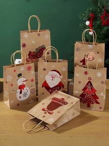 24个/6个圣诞礼品袋，圣诞老人、圣诞树印花牛皮纸袋，礼品包装袋，派对装饰手提袋，圣诞装饰品，圣诞派对用品，礼品袋，手提袋，包装袋。印有圣诞老人、圣诞树、雪人、驯鹿、圣诞铃铛、圣诞雪橇等图案。适用于礼品包装、购物包装。圣诞节。 - 彩色 - 查看 2