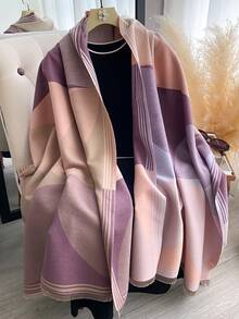 1 pieza Bufanda reversible de mujer con patrón de bloques de color de imitación de cachemira, chal versátil de moda, gruesa y cálida para uso diario en habitaciones con aire acondicionado, otoño/invierno para vestir - rosa morado - Ver 5