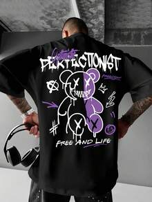 Men's Round Neck American Street Letter Loose T-Shirt - màu đen - Xem 6