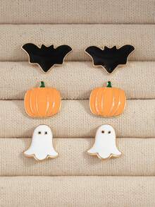 3 Pairs/Set Of Halloween Metal Orange Pumpkin, Bat, Ghost Lady Earrings, Sweet And Unique Holiday Jewelry - Pumpkin Ghost Bat - View 5