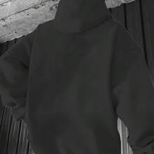 Oversized Men's Oversized Hooded Sweatshirt, Japanese-Style Pure And Printed - White And Black Casual Winter Warm, Front Pocket, Machine Washable, The Simplest Japanese Text Design, A Must-Have For Autumn/Winter Layering, Suitable For Daily And Formal Wear (Men's Fashionable Sweater) - Loose Style, Hooded With Drawstring, Soft Fabric, Fashionable Cursive Font, Multi-Functional Outdoor Activities, OBM Brand, Machine Washable And Dry Cleaning, Cool Men's Hoodie, Large Size Men's Hoodie - Black - View 2