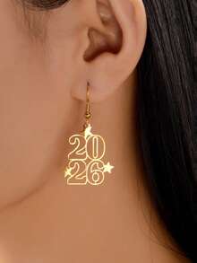 1 Pair Of European And American 2026 New Year Earrings Creative Geometric Hollow Fashion Simple Digital Earrings Earrings For Women - Gold - View 1