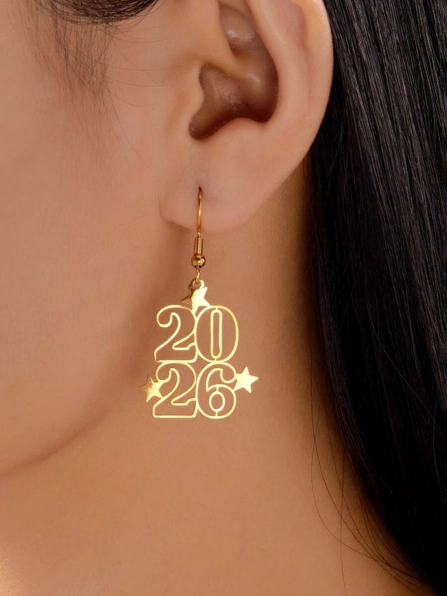 1 Pair Of European And American 2026 New Year Earrings Creative Geometric Hollow Fashion Simple Digital Earrings Earrings For Women - Gold - View 1
