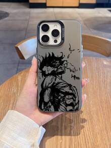 1pc Black Graffiti Anime Pattern Full Coverage TPU Shockproof Phone Case Compatible With IPhone 16, 15, 14, 13, 12, 11 Pro Max, And Series