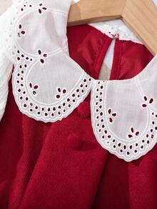 BASUSARRI 女童蕾丝彼得潘领长袖蝴蝶结纽扣直筒连衣裙，圣诞红灯芯绒舒适时尚可爱连衣裙，适合外出 - 紅色 - 查看 4