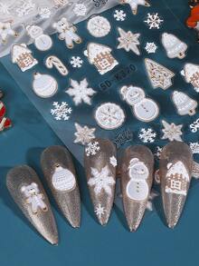 2pcs White Gingerbread Embossed Winter Nail Stickers Christmas Tree Snowman Snowflake Snow House Christmas Ball 5D Cartoon Decals Holiday Nail Slider New Year Gift Manicure Decoration Supplies For Salon DIY