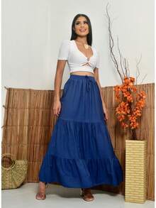 Saia Longa Cor Jeans Elástico Rodada Evangélica - Azul - Visão 2