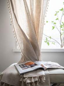 MineLain 1pc Boho Plain Color Linen Tassel Window Curtain, Semi-Blackout Washable Rod Pocket Curtain Panel For Room Divider, Kitchen, Easy Install, Home Decor For Bedroom, Study, Balcony, Living Room, Bay Window - Apricot - View 17