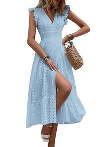 Long Beach Dress With Wrap Hem And Ruffle, Vacation Outfit For Women - Light Wash - View 8