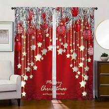 2 pièces Rideaux élégants avec motif d'étoile de boule de Noël rouge et or imprimé à plat, installation de tringle à poche, rideaux à impression numérique, matériau en polyester, convient pour le salon, la cuisine, la chambre, le bureau, la salle à manger, la décoration de la maison, la décoration de Noël