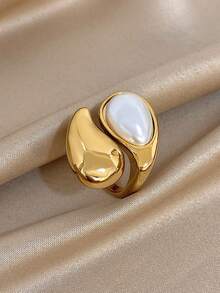 1 件简约优雅镀不锈钢珍珠可调节女士戒指，不对称泪珠首饰，妈妈礼物，圣诞节感恩节万圣节，周年纪念情人节礼物，送给女朋友妻子的日常派对礼物 - 彩色 - 查看 1