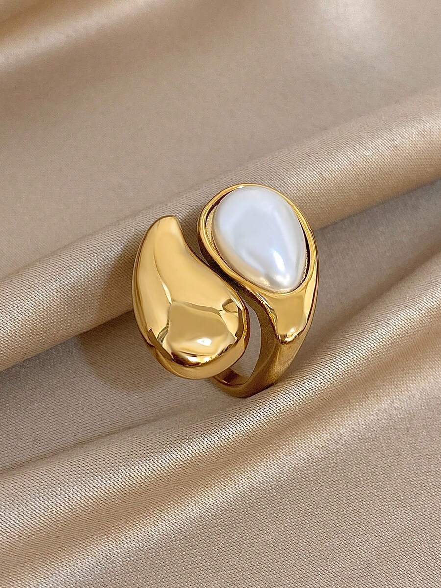 1 件简约优雅镀不锈钢珍珠可调节女士戒指，不对称泪珠首饰，妈妈礼物，圣诞节感恩节万圣节，周年纪念情人节礼物，送给女朋友妻子的日常派对礼物 - 彩色 - 查看 1