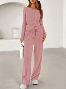 PRETTYGARDEN Women's Spring Fall 2 Piece Outfits Lounge Sets Long Sleeve Top Henley Shirts Wide Leg Pants Travel  Sweatsuit Set Women Clothes Home Clothes Going Out Outfits Sports Valentine Vacation Outfit For Women - 粉色 - 查看 6