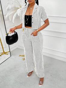 Amarilo Damen Sommer Lässig gestreiftes Hemd und Hose 2-teiliges Set, zufälliges Blumenmuster