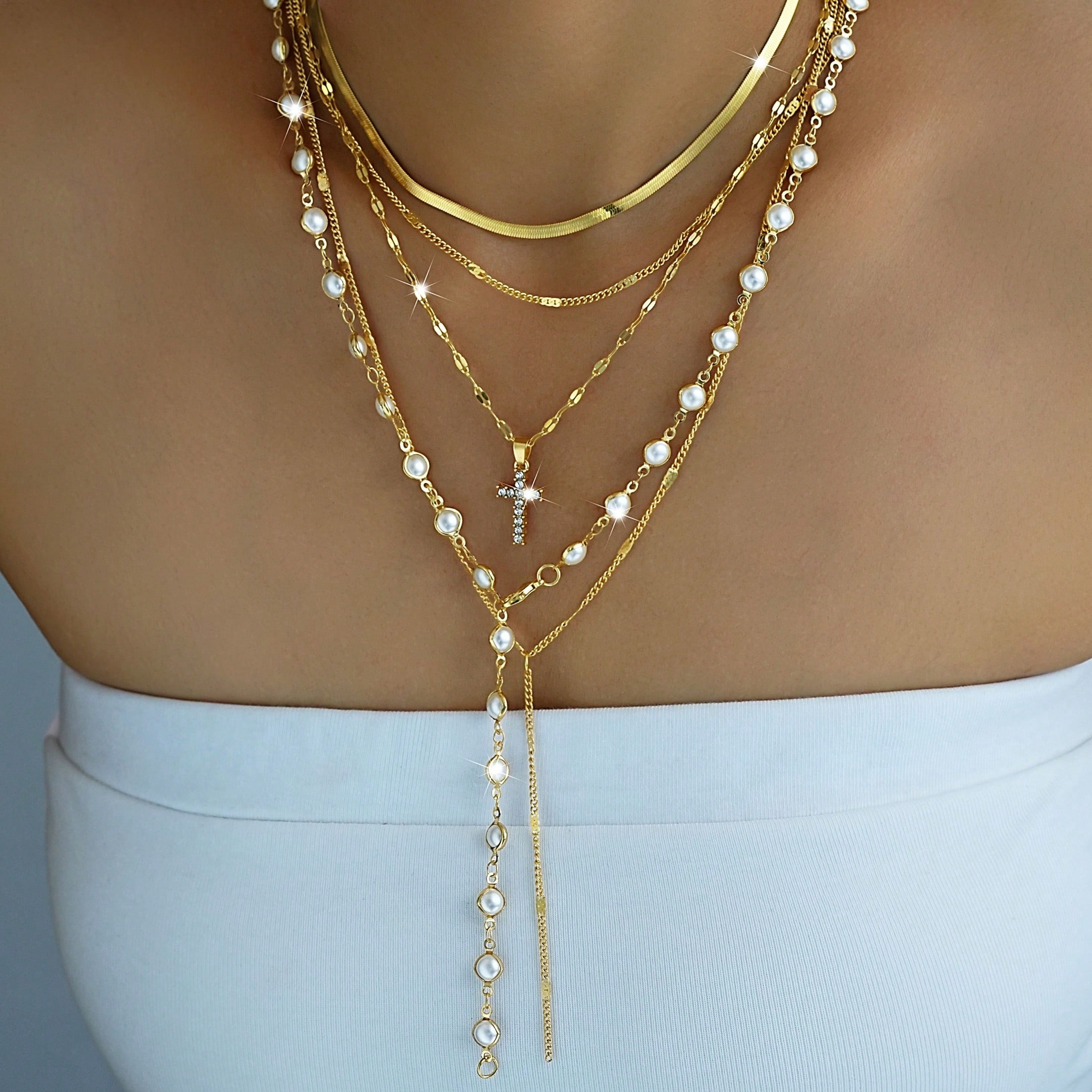 Set de 5 piezas de collar con colgante de cruz minimalista de moda, collar en Y con perlas falsas, tono dorado, versátil para mujeres, adecuado para