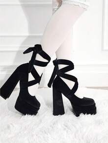 Platform High Heels For Women Goth Sexy Bow Chunky Heel Mary Janes Dressy Ankle Strap Round Closed Toe Y2K Shoes Elegant Outfits Valentine's Day - màu đen - Xem 7