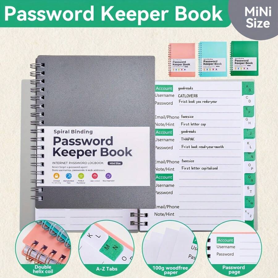 1 Password Participation Book, Alphabetically Arranged Password Diary And Organizer, 4.7inch X 6.1inch Mini Size Personalized Password Journal With College Level Grid Pages, Perfect For Home And Office Organization - 綠色-SPP-P - 查看 1