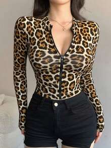 Christmas Women Leopard Paw Animal Print Sporty Outdoor Jacket, Zipper Cardigan Fitness Wear, Street Fashion Style, Slim Fit Long Sleeve Jacket Coat For Autumn/Winter