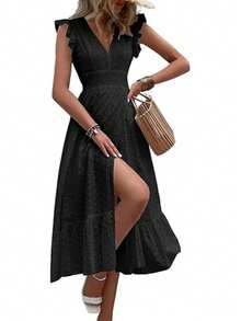 Long Beach Dress With Wrap Hem And Ruffle, Vacation Outfit For Women - Black - View 5