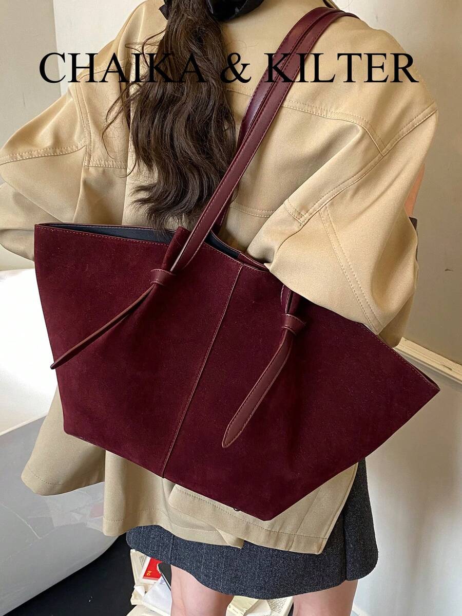 2 件 CHAIKA & KILTER 纯色绒面革单肩包女士复古休闲大容量手提包书包带双手柄和按扣，适合旅行、购物、约会、女士礼物，适合少女、大学生、初学者和办公室女士，非常适合办公室、学校、工作、商务、通勤、户外、旅行、徒步旅行