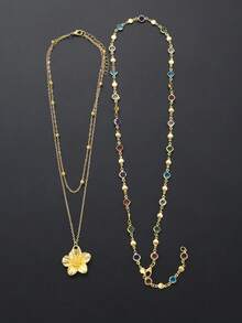 2 pièces Pendentif floral minimaliste à la mode, collier Y avec cristaux colorés brillants. Collier superposé pour femmes, convient pour les vacances, les rendez-vous, les fêtes, les festivals, les anniversaires et le port quotidien - Or jaune - Voir 5