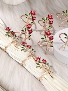 10pcs Floral Napkin Holder Charming Rose Design Reusable Serviette Ring For Weddings Valentine Day And Dinner Parties Elegant Table Decor Accessory - 玫瑰紅 - 查看 2