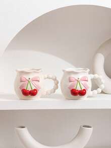 1pc Cute 3D Bowknot & Cherry Ceramic Coffee Mug, Romantic Dotted Yogurt Cup, Water Cup, Unique Creative Milk Cup, Suitable For Afternoon Tea, Daily Afternoon Tea / Best Choice For Girlfriend Gathering