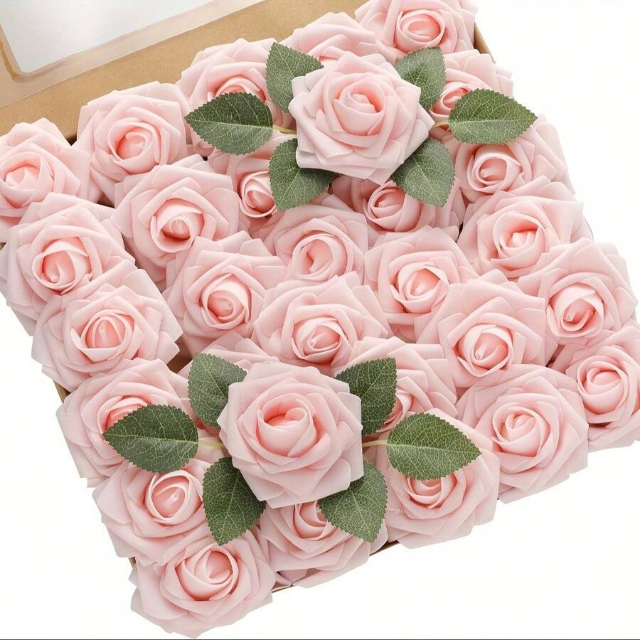 50pcs Blush Pink Artificial Roses With Stems - Realistic Fake Flowers ...