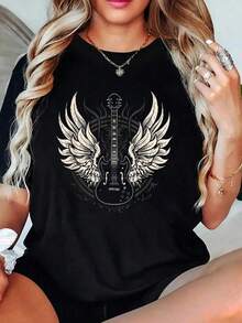 100% Cotton T Shirts Guitar Vintage Retro & Roll Music T-Shirt Breathable & Comfort Fit Tee Women,Short Sleeve Crew Neck Top For All Seasons,Graphic Tees Women Tops,Valentine's Day,Valentine Outfits For Women,Vacation Outfits Women,Mardi Gras Outfit Women,St Patrick's Day,Rave Outfits For Womengalentine - 黑色 - 查看 1