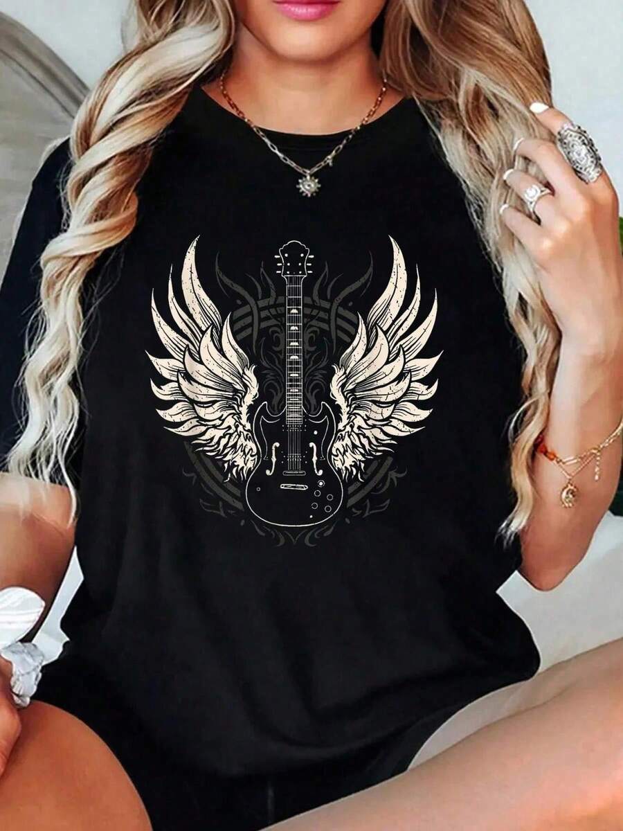100% Cotton T Shirts Guitar Vintage Retro & Roll Music T-Shirt Breathable & Comfort Fit Tee Women,Short Sleeve Crew Neck Top For All Seasons,Graphic Tees Women Tops,Valentine's Day,Valentine Outfits For Women,Vacation Outfits Women,Mardi Gras Outfit Women,St Patrick's Day,Rave Outfits For Womengalentine - 黑色 - 查看 1