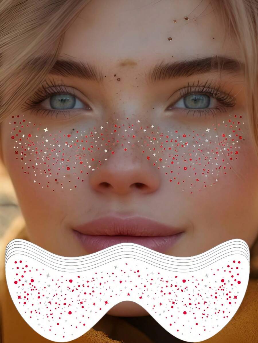 6片装红银双色闪光雀斑贴纸，防水闪亮持久，适合女性化妆、节日、音乐派对、情人节等场合。 - 紅色 - 查看 1