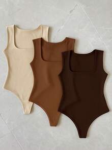 3-Piece Basic Bodysuit, Square Neckline, Wide Straps, Versatile Shapewear, Casual, Suplex, Fashion, Gringa Blogger - 裸可可咖啡 - 查看 1