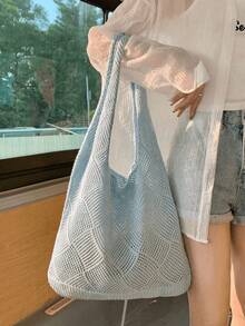 Leisure Large Capacity Woven Bag Hollow Design Knitted Shoulder Bag Holiday Beach Shopper Tote For Women Travel Women Crochet Tote Bag Hollow Beach Bag Large Capacity Fashion Knitted Bag Solid Color Simple Shopping Bag For Travel Vacation