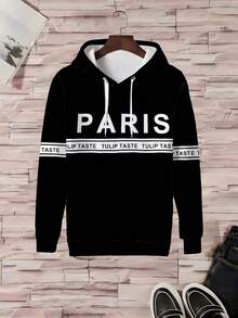ZhuYa 时尚拼色条纹格子拼布和“PARIS”字母图案加大码男士连帽衫套装，休闲运动两件套，宽松加大码，舒适街头运动衫 + 慢跑裤，秋冬 - 彩色 - 查看 3