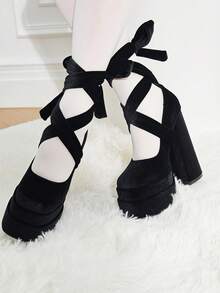 Lace Up Mary Jane Heels For Women Platform Chunky Heeled Shoes Goth Round Toe Y2K High Heels - Black - View 8