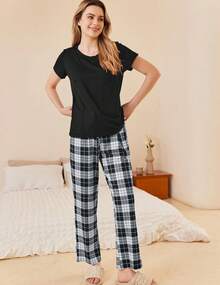 Pajama Sets Women Round Neck Pjs Short Sleeve Sleepwear With Long Pants Loose Lounge Sets - Navy Blue-white Plaid - View 7