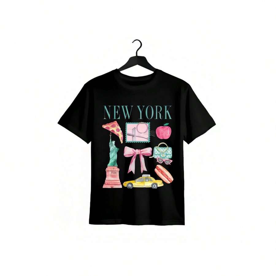 Women's New York Graphic Print T-Shirt - Vibrant NYC Icons Design, Casual Crew Neck Short Sleeve Top, Lightweight Black Tee For Spring & Cheerleading Cotton T Shirts; Summer Fashion, Cheerleading Graphic Tee, Ladies T Shirts - Black - View 1