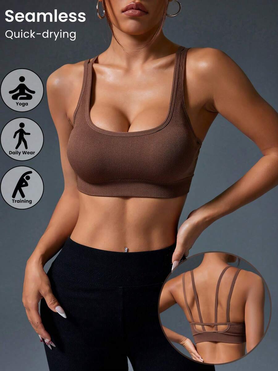 1pc Coffee Color Wireless Sports Bra, Elastic Straps, Suitable For Daily Wear, Yoga, Fitness - Coffee Brown - View 1