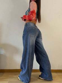 Quần jeans nữ ống đứng dáng rộng, xếp ly, kiểu vintage, thích hợp cho mùa xuân. - Rửa trung bình - Xem 4