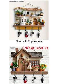 2D Flat - 1pc Cute Flat Printed Villa - Wood - Wooden Multifunctional Home Hooks - Key Holder With 4 Metal Hooks - Wall Decor, Porch Decor, Room Decor, Villa Decor, All Season Home Decor, 2D Flat - Multicolor - View 11