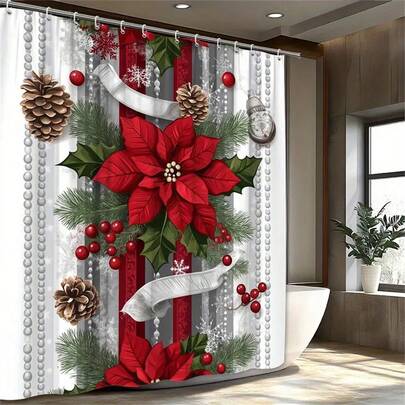 1 pieza Cortina de ducha navideña - Poinsettias rojas vibrantes, ramas de pino, hojas de acebo, piñas y bayas sobre rayas gris-blancas con copos de nieve - Tela de poliéster duradera, juego de cortinas de baño con ganchos de plástico, decoración de baño, decoración de habitación, decoración del hogar, accesorios de baño