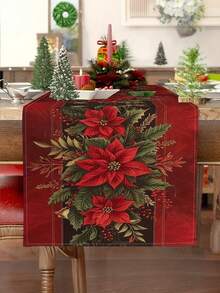1pc Christmas Tablecloth Table Runner - Elegant Red Poinsettia Floral Pattern With Green Leaves & Berries, Sturdy Rectangular Holiday Table Cover For Dining, Kitchen, Party Decor - Easy-Clean & Spill-Proof - Perfect For Christmas, New Year's, Everyday Use, Seasonal Home Decoration, Festive Design, Durable Fabric, Decorative Tabletop, Festive Decorators(13x35.4/47.2/63/72/78.7 Inches),