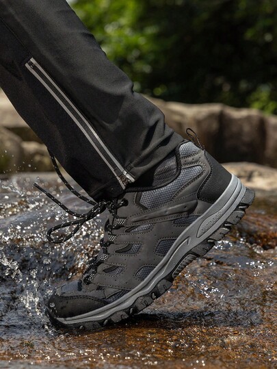 DUNLOP Brand Grey & Black Low-Top Outdoor Hiking Shoes, Lace-Up Design, Mesh & Leather Patchwork, Thick Non-Slip Sole, Suitable For Outdoor Adventure