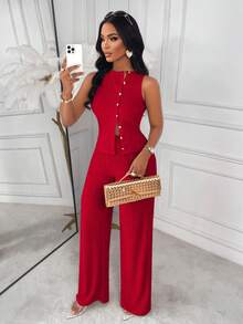 AIJ Amarilo Women 2-Piece Set: Sleeveless Top And Straight Leg Pants, Elegant Business Style, Latest Spring/Summer Women's Chic Outfit, Suitable For Valentine's Day, Parties - Red - View 6