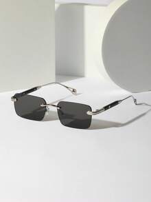 1pc Men's Rimless Travel Sunglasses With Heart Patterned Metal Leg, Luxury Driving Eyewear With Accessories For Fashionable Look (Comes With Glasses Box And Glasses Chain) Elegant Sunglasses Sun Glasses Beach Accessories Sun Glasses Sunglasses Shades For Summer Beach Vacation,Outdoor,Travel - 銀框灰色鏡片 - 查看 8
