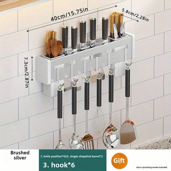 1 قطعة حامل سكاكين مثبت على الحائط من الفولاذ المقاوم للصدأ، بدون حاجة إلى ثقب، حامل أدوات المطبخ قابل للفك، منظم المطبخ، عيد الميلاد، هالوين (فضي)