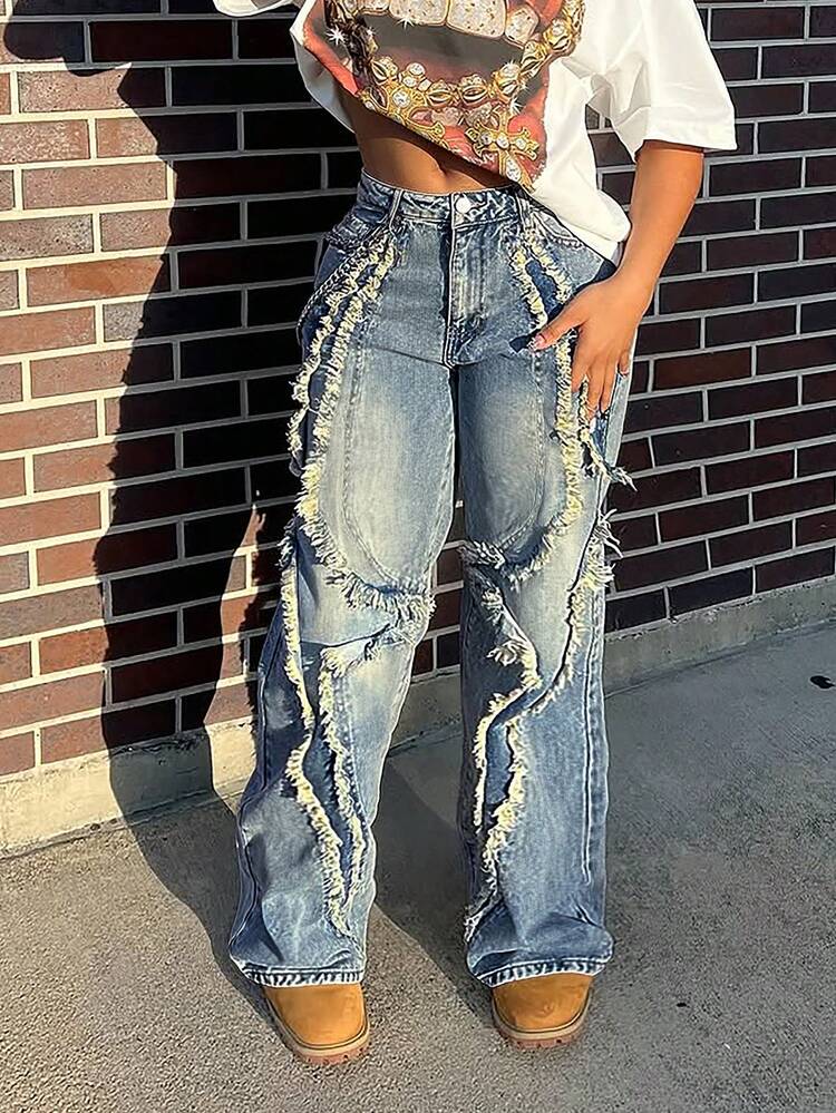 Y2K Streetwear 90s Retro Fringe Hem Straight Leg Jeans, Casual