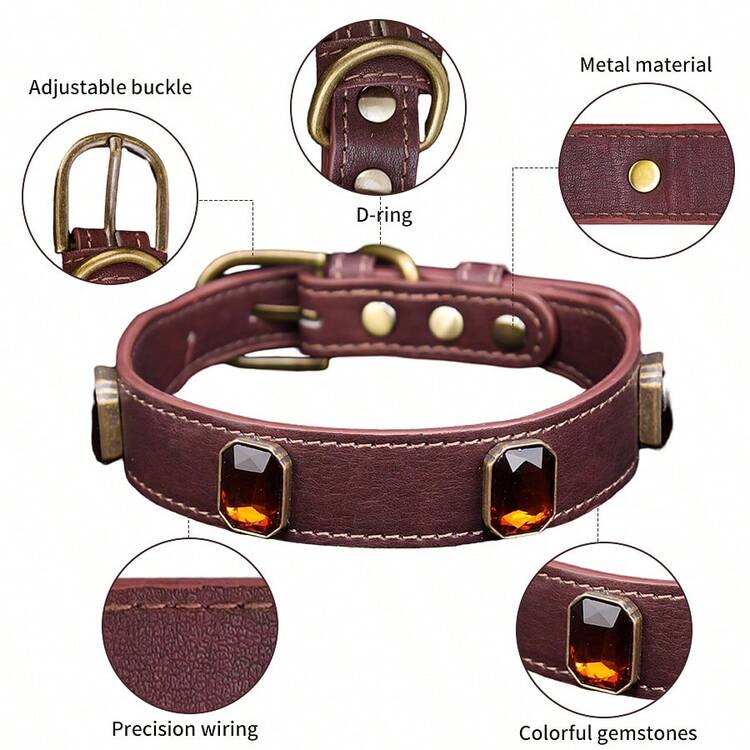 Pet Dog Collar, Cat Collar, Black Pu Leather Collar With Gems, Alloy Zinc Pin Hook, 5 Holes Adjustable, Black Dog Collar. - Brown - View 3