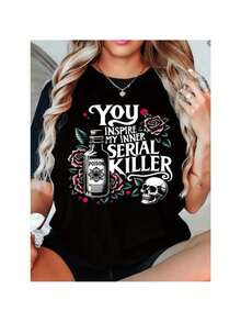Funny Plus Size Womens You   My Inner Killer Graphic Tee Edgy Skull Roses   Fabric Casual Crew Neck Short Sleeve Top For   Wear Spring Summer Fashion   Black -1 - Black - View 1