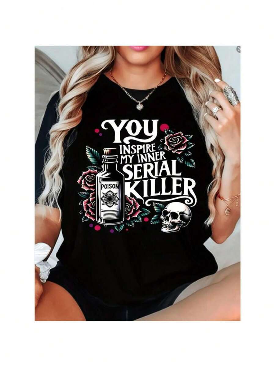 Funny Plus Size Womens You   My Inner Killer Graphic Tee Edgy Skull Roses   Fabric Casual Crew Neck Short Sleeve Top For   Wear Spring Summer Fashion   Black -1 - Black - View 1